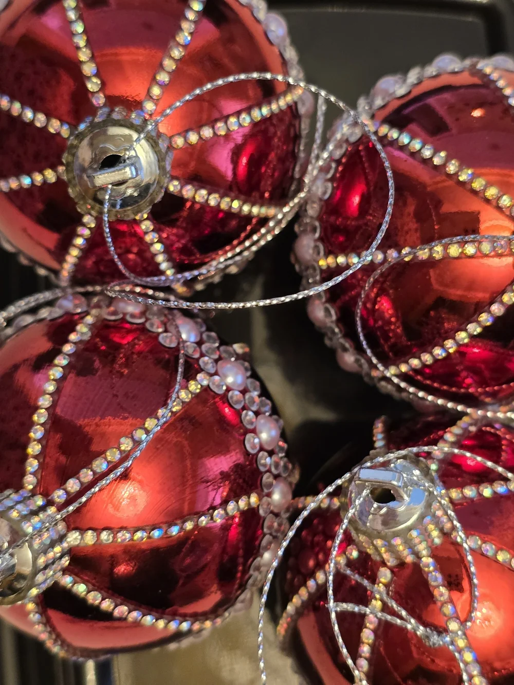 Red Beaded Holiday Ornament Set - Decorative Christmas New 4 Piece 2.6 Inch